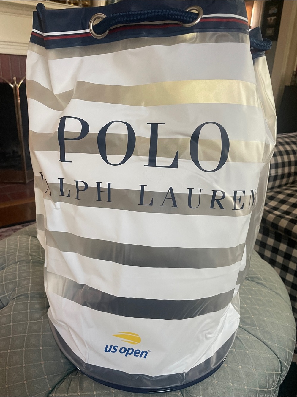 Polo by Ralph Lauren Navy, White and Gold Striped Drawstring Tote/Back Pack